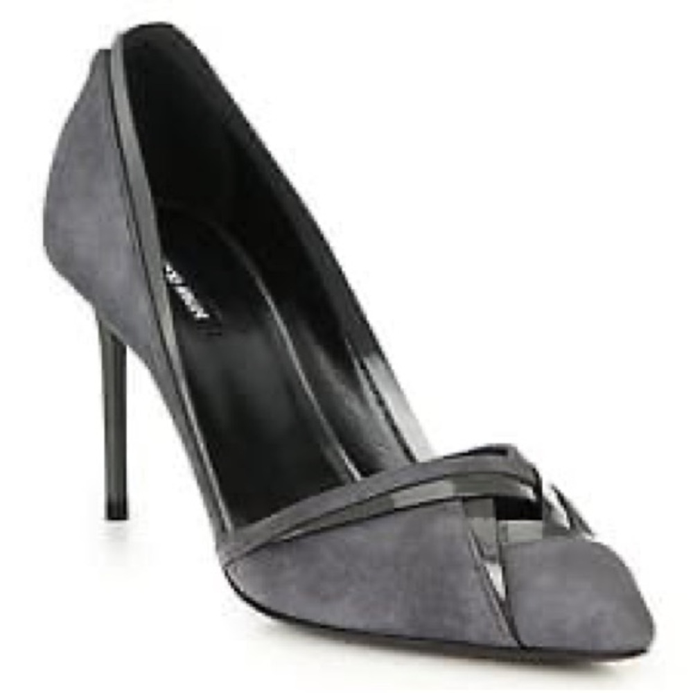 Georgio Armani Cutout Suede Patent Point-Toe Pumps Gray Taupe 3” Heel Sz 38